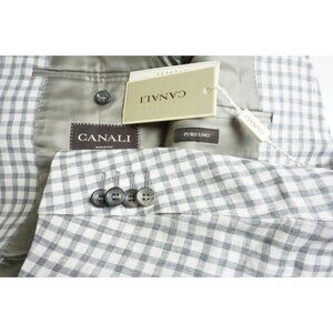 Canali Brown Label 100% Linen Gray White Gingham 2 Pc Suit Jacket Pant 36R NEW